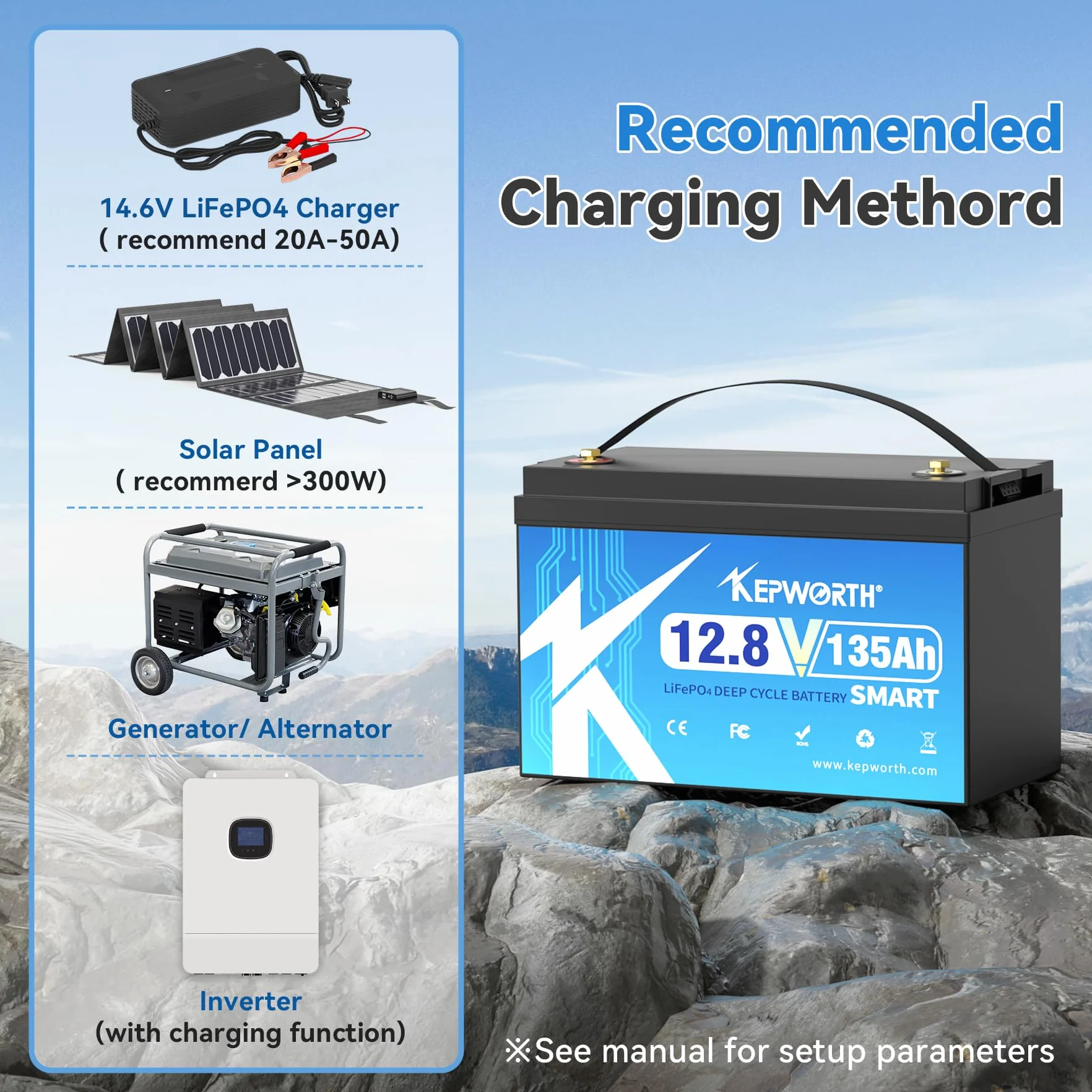 KEPWORTH LiFePO4 135 Ah 12,8 V bateria litowa Bluetooth 100 A BMS, 4000-15000 cykli Deep Cycle, idealny zamiennik akumulatorów kwasowo-ołowiowych do kamperów, na kemping, do solarnych, łodzi