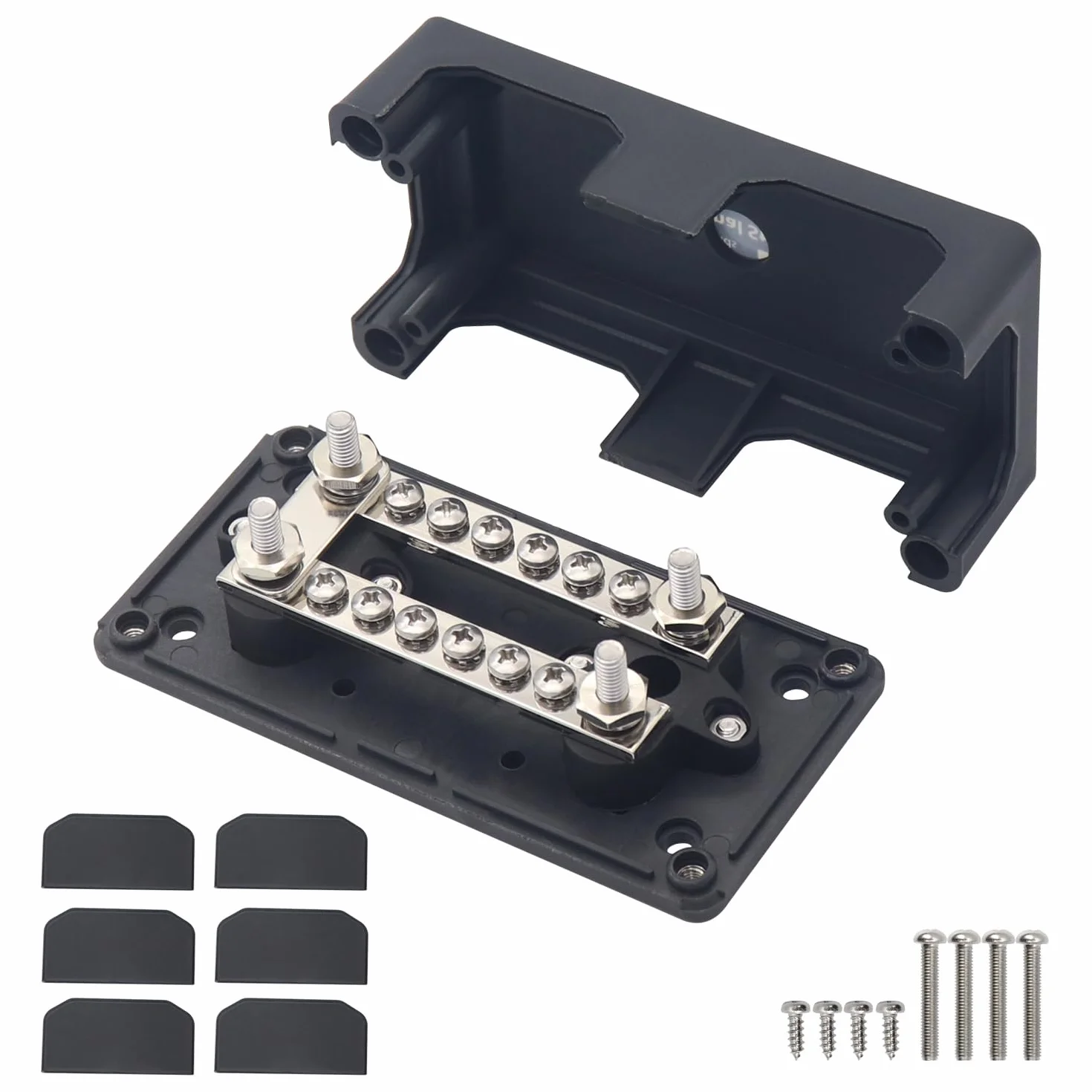 Busbar 12 V, listwa magistrali 100 A, solidne bloki rozdzielcze, słupki 4 x M6, słupki, 12 x M4, śruby Dominos, drążki magistrali dodatniej i podłogowej, bloki akumulatorów, czerwony i czarny
