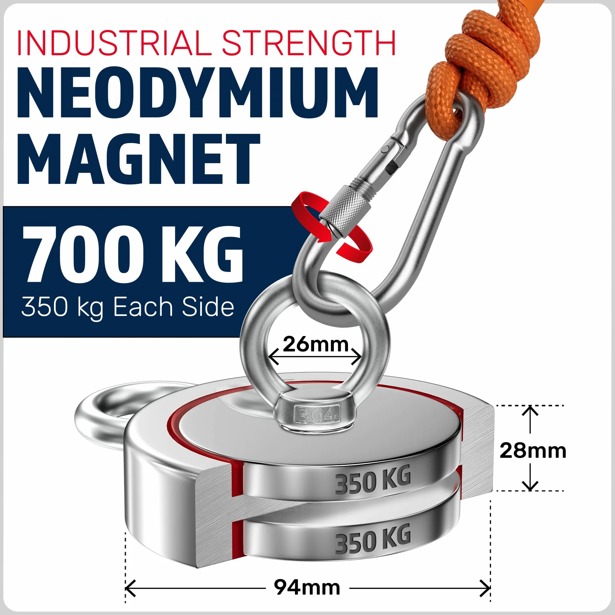 MAGFISHION Dwustronny Zestaw do Magnetycznego Wędkarstwa - Siła Przyciągania 700KG (2x 350KG) - Ø94mm - Magnes Neodymowy z 2 Linami, Hak Grabiący & Rękawice - Magnes Ryba