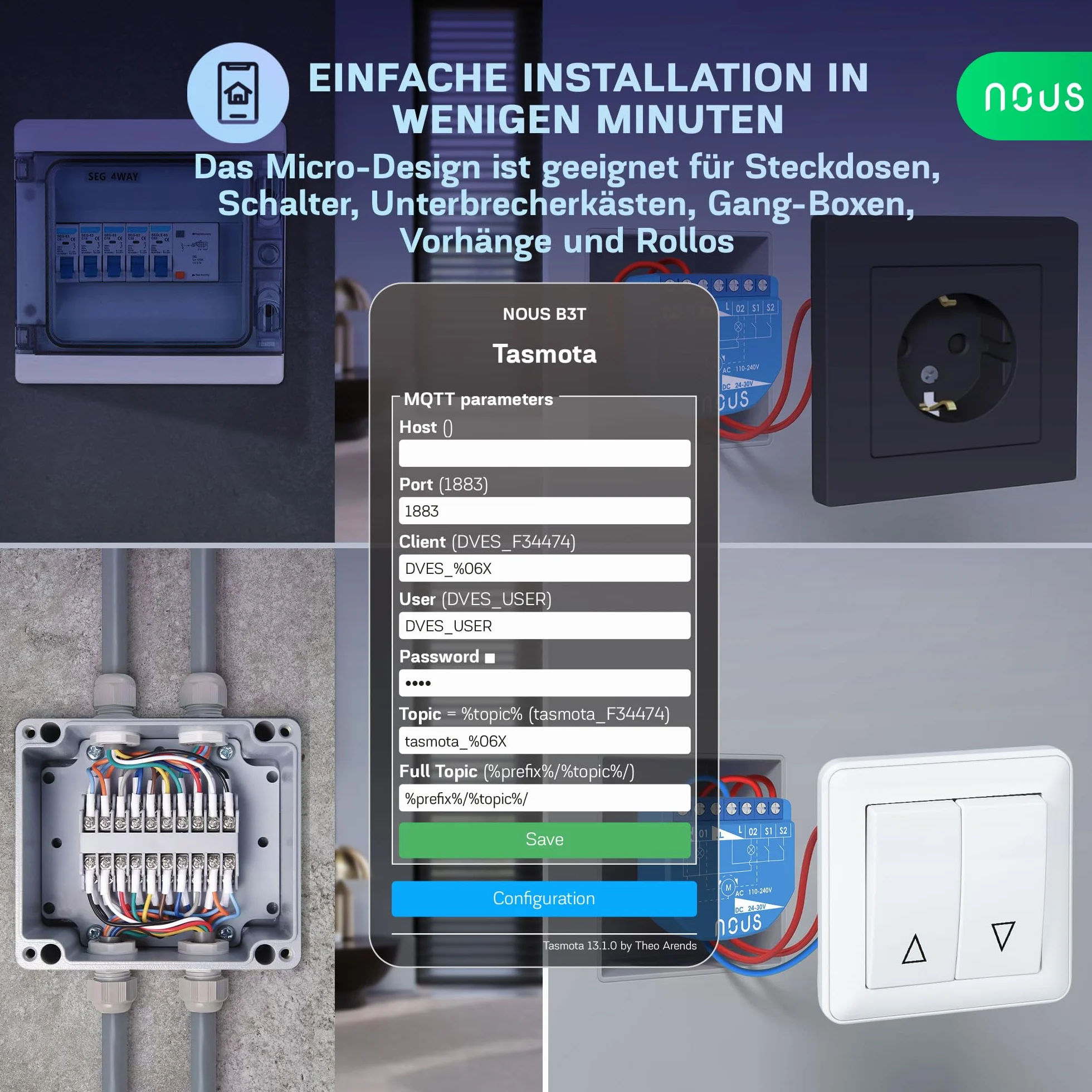 NOUS Moduł przełączający WiFi Tasmota 16A 2 kanały z pomiarem mocy ESP32 czujnik temperatury Matter MQTT