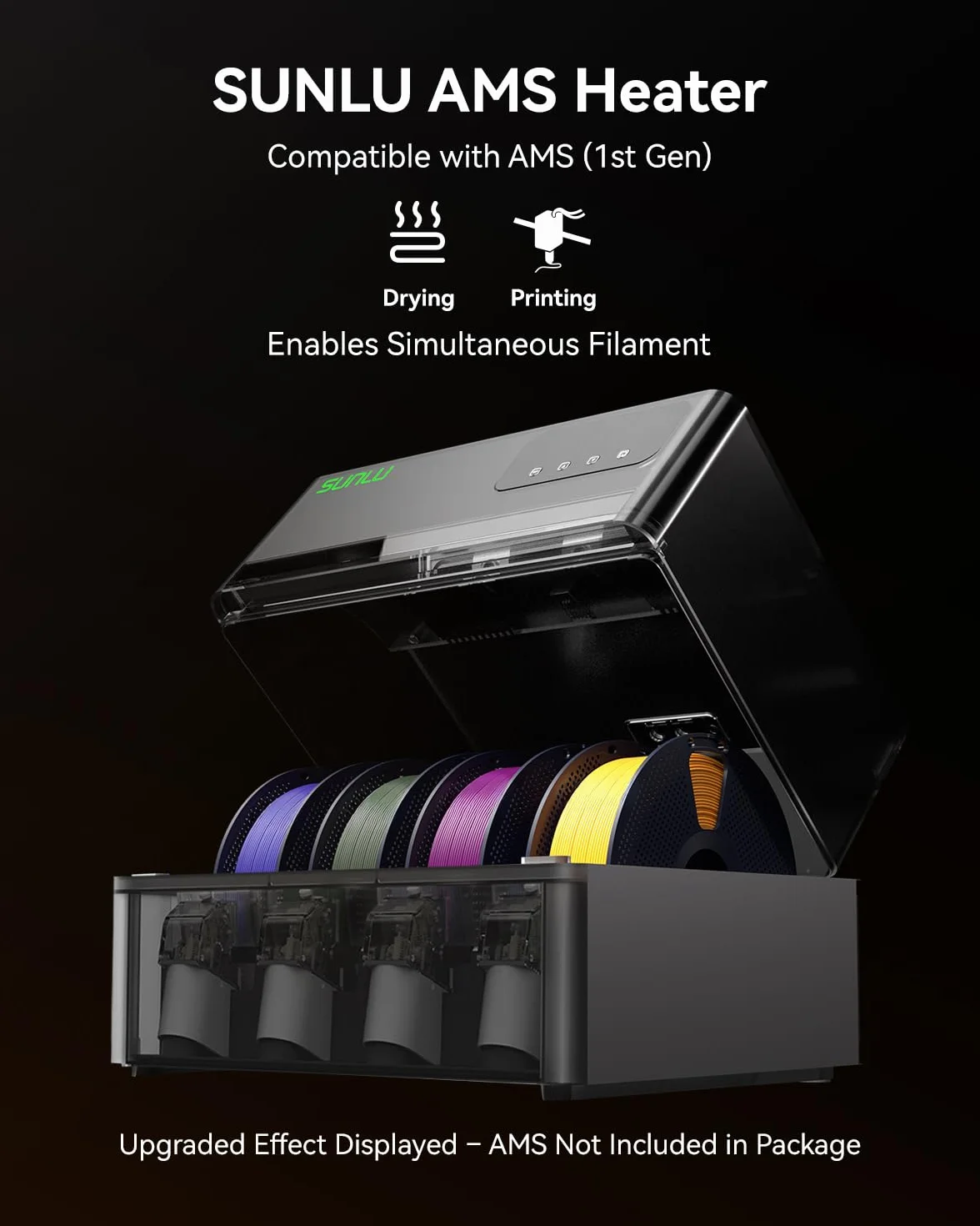 SUNLU AMS Heater for Bambu Lab AMS Gen 1 Upgrade, 4-Spool Print & Dry, Fast 3D Filament Dryer 70°C in 20 Min, Dual-Duct Heating & Triple Protection