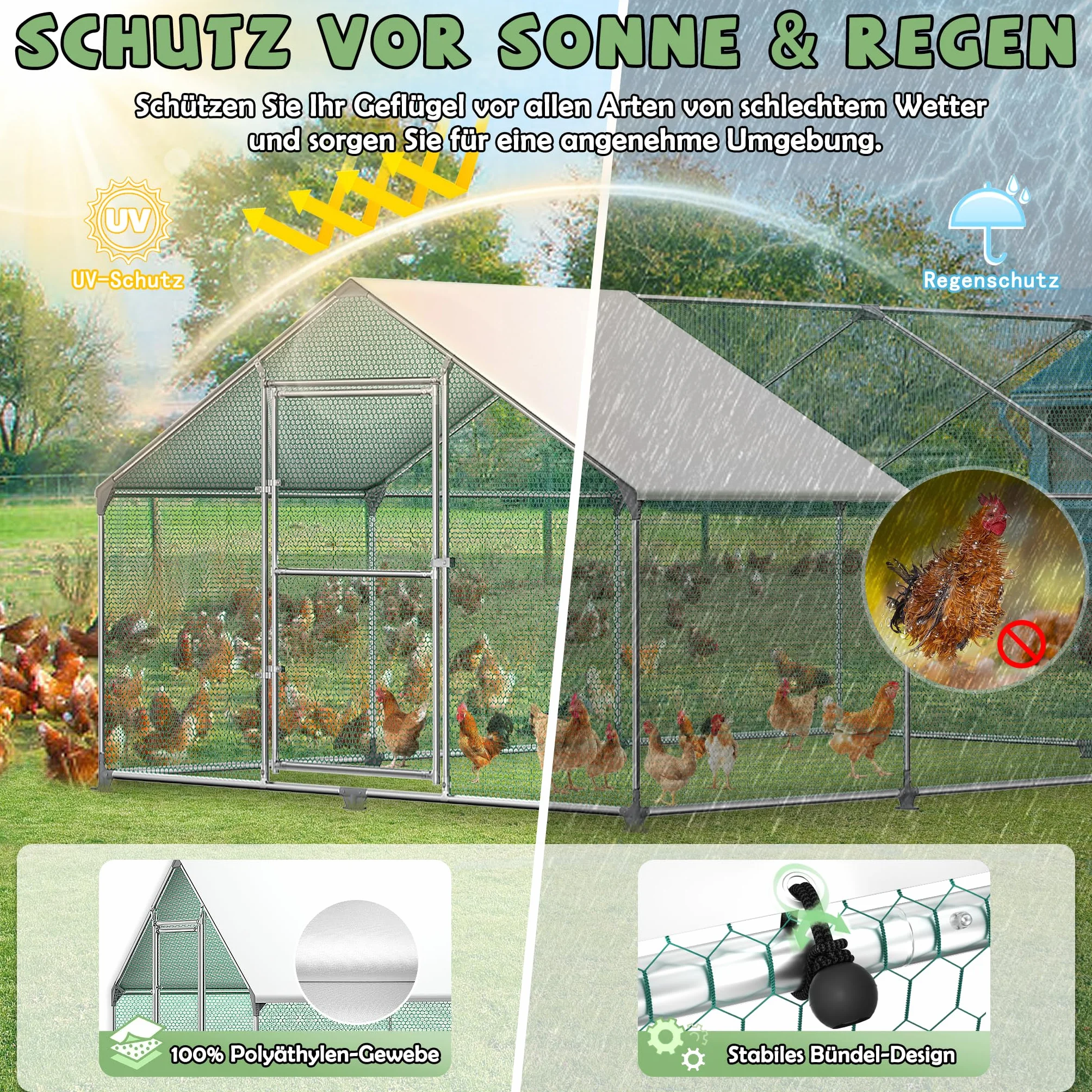 Froadp Klatka Zagroda Zewnętrzna dla Kurcząt Wybieg dla Kurcząt z Wolnym Wybiegiem Ocynkowana Rama Stalowa z Osłoną Przeciwsłoneczną PE Woliera Pomieszczenie dla Drobiu Małych Zwierząt (3x8x2m, 24㎡)