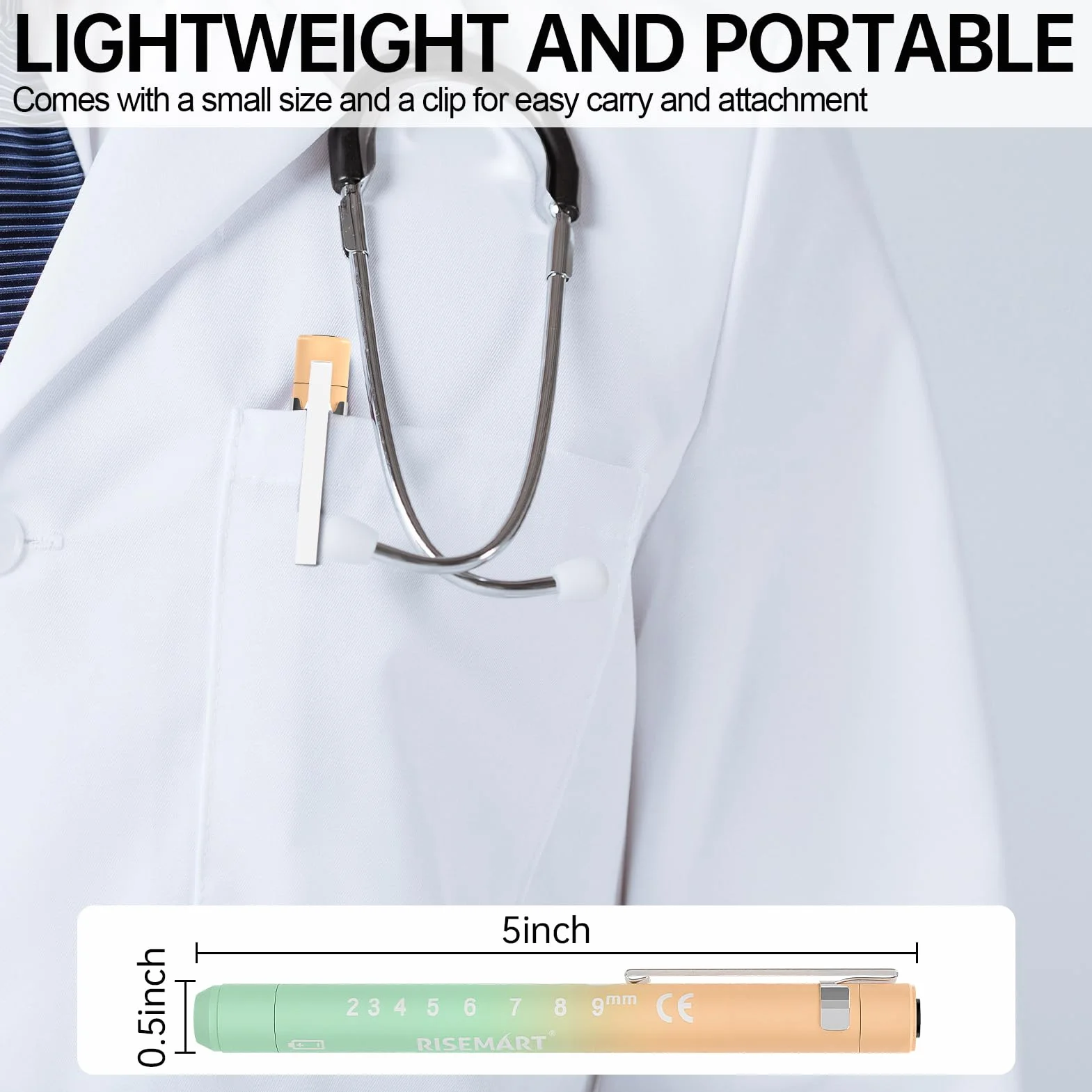 RISEMART Lampa źrenicy, lampa diagnostyczna z miernikiem źrenic i linijką, ciepła / zimna biel, ładowana przez USB LED lampa długopisowa dla pielęgniarek, możliwość ponownego ładowania (gradient