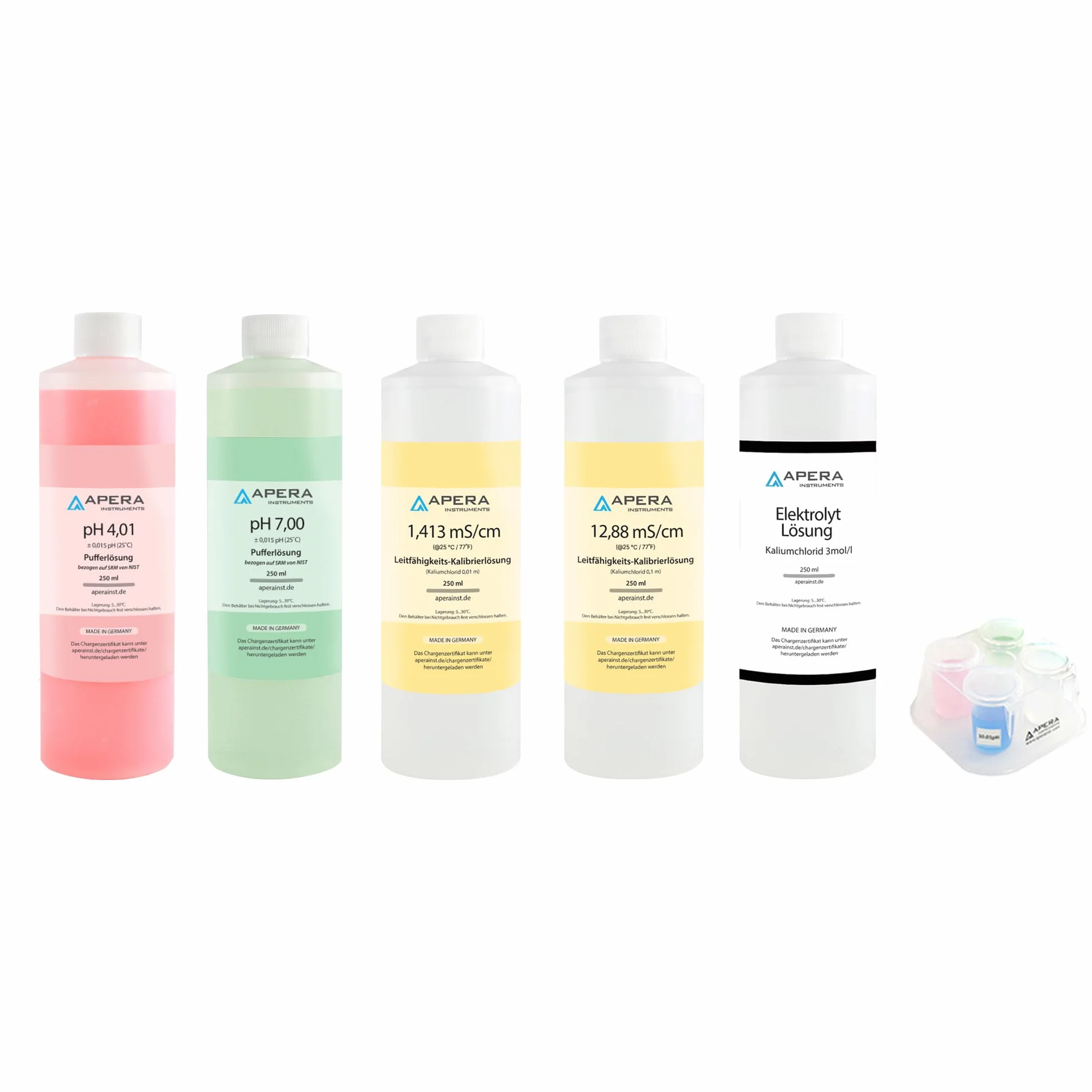 Apera Instruments Zestaw roztworów do kalibracji pH/EC pH 7,00 4,01 1413 µS 12,88 mS 250 ml 3M KCl CalBox