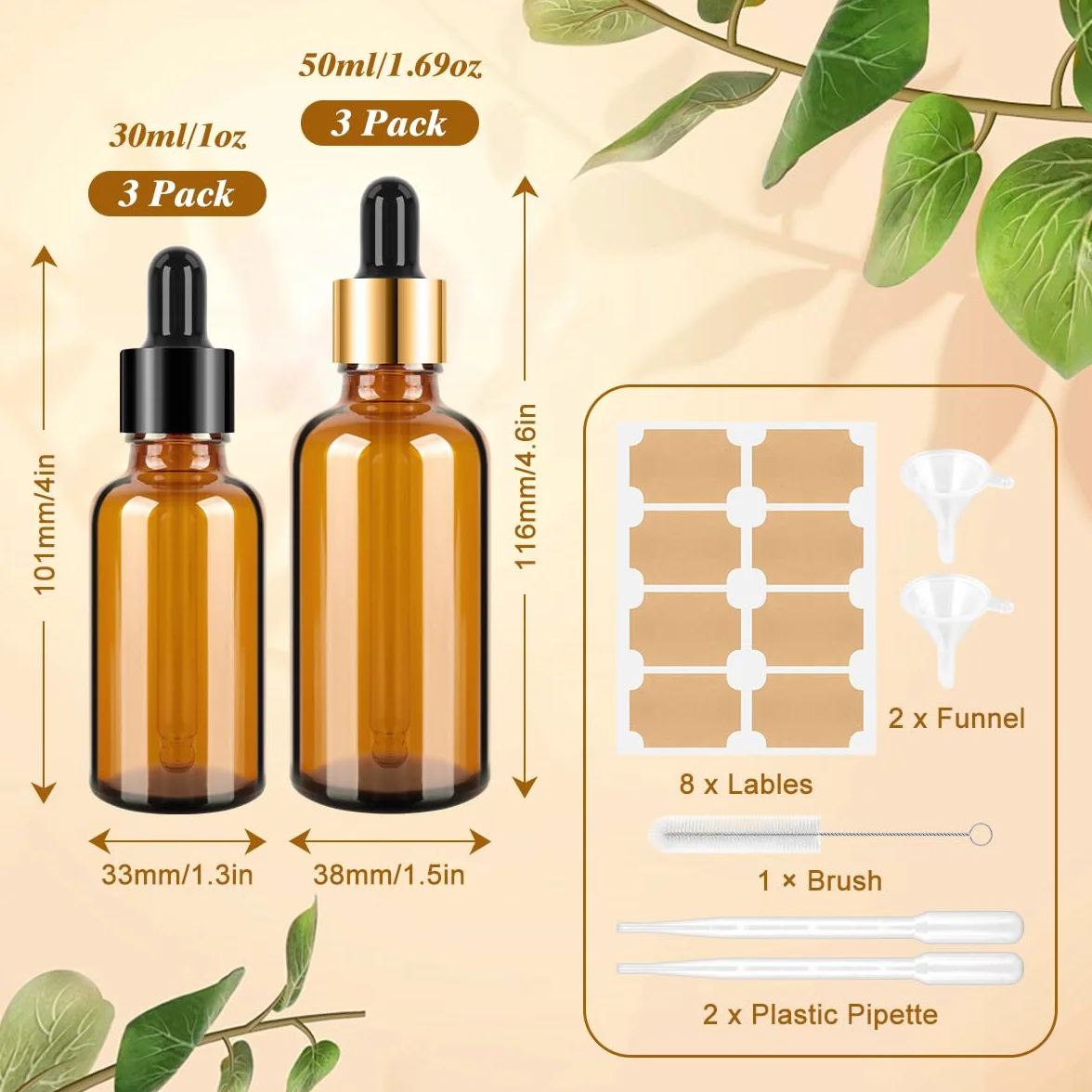 Szklane butelki z zakraplaczem, 30 ml/50 ml, butelka z zakraplaczem z lejkami, etykiety na pipetę, wielokrotnego użytku, bursztynowe szklane butelki na perfumy, olejki eteryczne, mieszanki