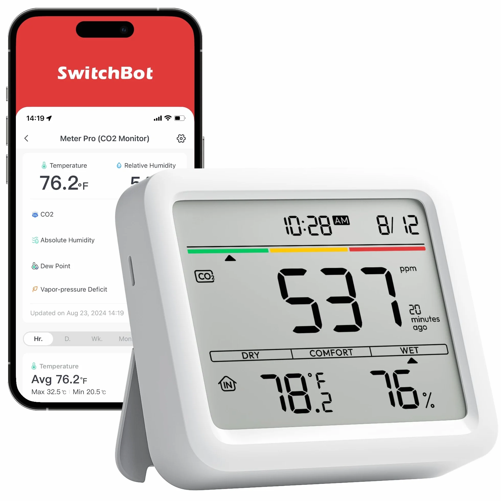 SwitchBot Detektor CO2 z higrometrem, monitor wilgotności temperatury Bluetooth, 2-letnie przechowywanie danych
