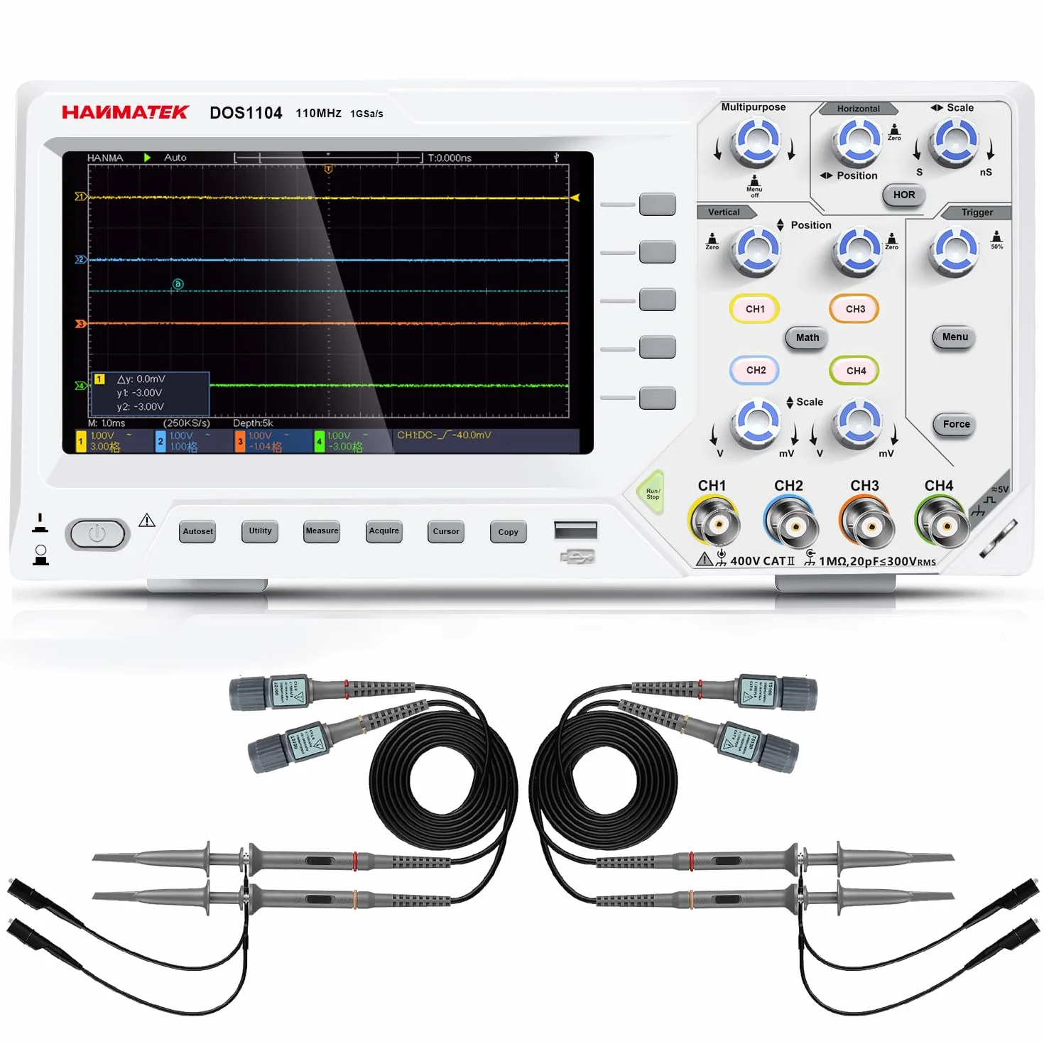 HANMATEK DOS1104 Oscyloskop cyfrowy 4-kanałowy 7-calowy TFT-LCD 110 MHz 1GS/s