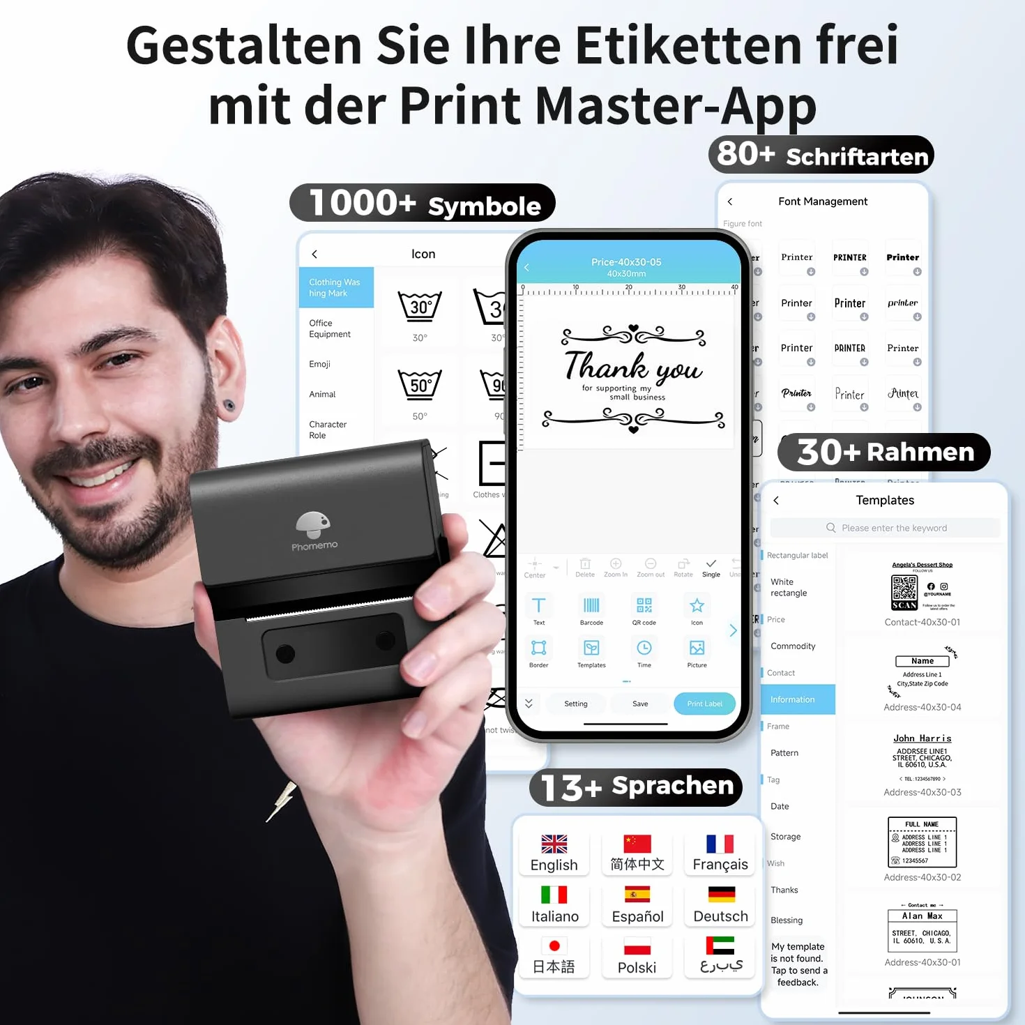 Phomemo M221 drukarka etykiet, 1 cale, Bluetooth, samoprzylepna, ulepszona drukarka etykiet, do kodów kreskowych, domu, biura, małych firm, do systemów Android i iOS, czarna