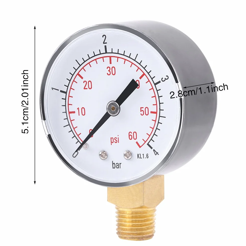 Mini manometr, manometr sprężonego powietrza z podwójną skalą Odpowiedni do powietrza, wody, oleju, powietrza i innych materiałów 0-4 bar / 0-60 psi