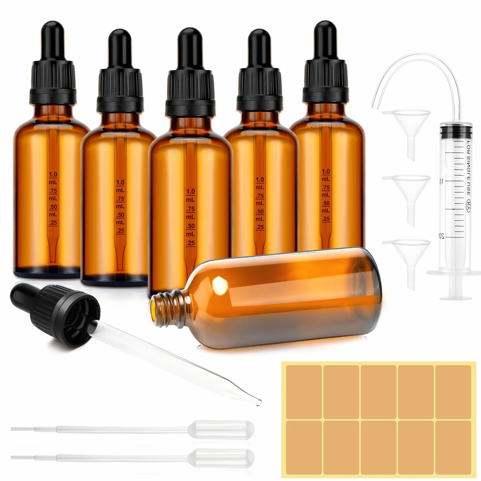 Pavlleen 6 szt. pipet 100 ml, brązowe szklane butelki z zakraplaczem, w tym 6 akcesoriów pomocniczych, brązowe szklane butelki, butelki z olejkiem eterycznym do wielokrotnego napełniania