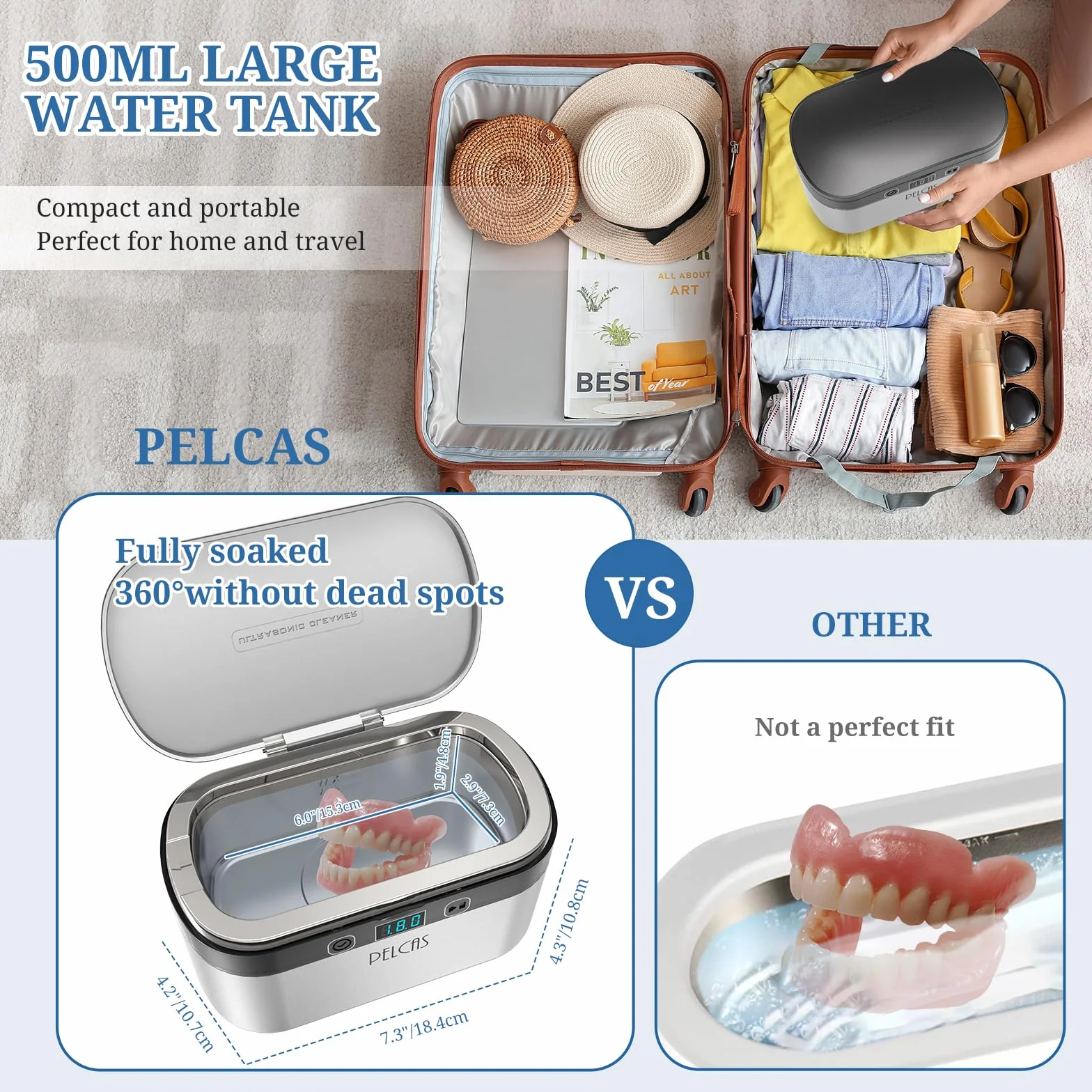 PELCAS Ultrasonic Cleaner 500 ml - Ulepszenie Urządzenie Ultradźwiękowe 45KHz Ekran Dotykowy Ultrasonic Cleaner z 5 Ustawieniami Czasu 38W Ultrasonic Bath do Makijażu Szczotki Zegarki do Okularów