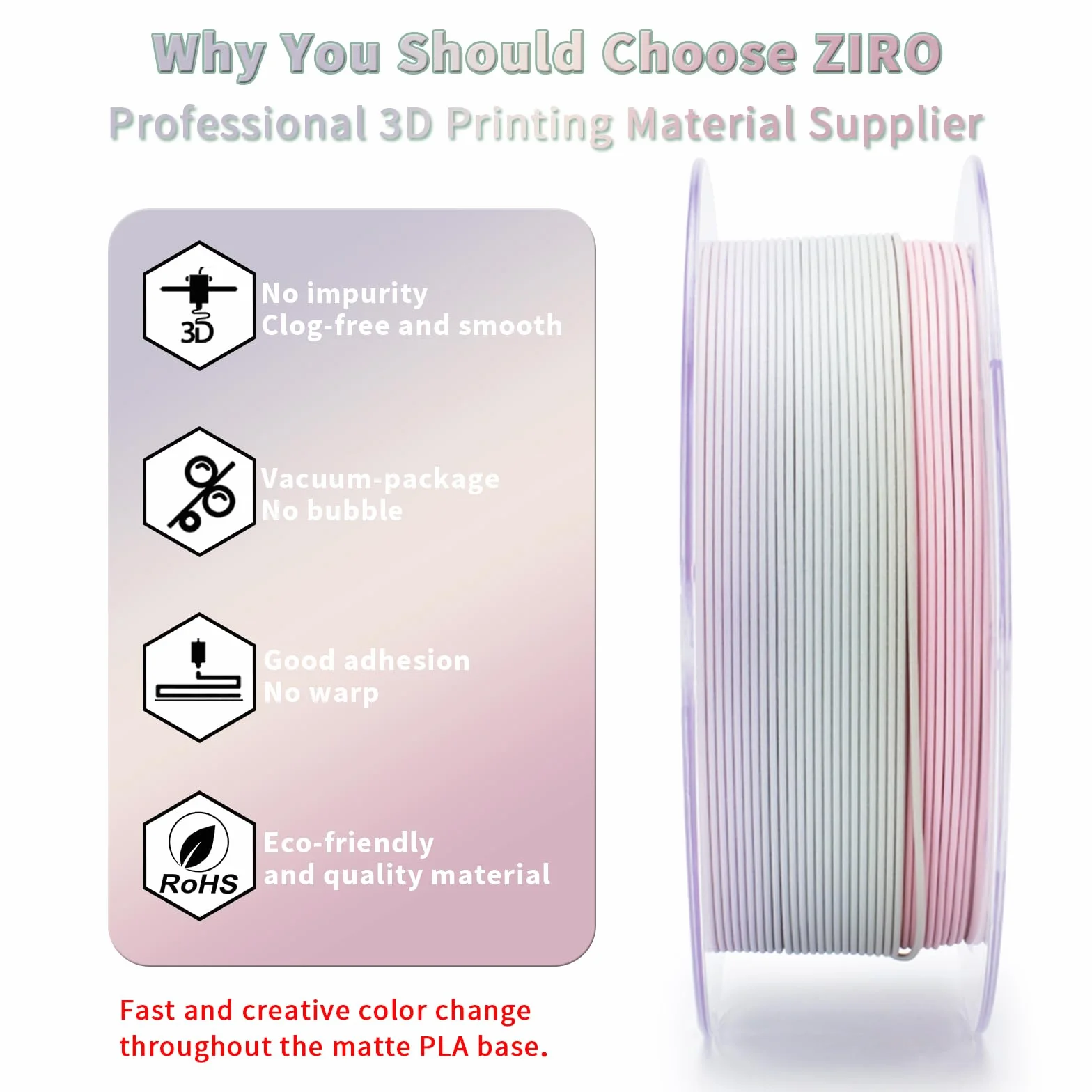 ZIRO Matowy Wielokolorowy Filament PLA 1.75mm Zmiana Koloru Według Długości Dokładność Wymiarowa +/-0.03mm do Drukarki 3D