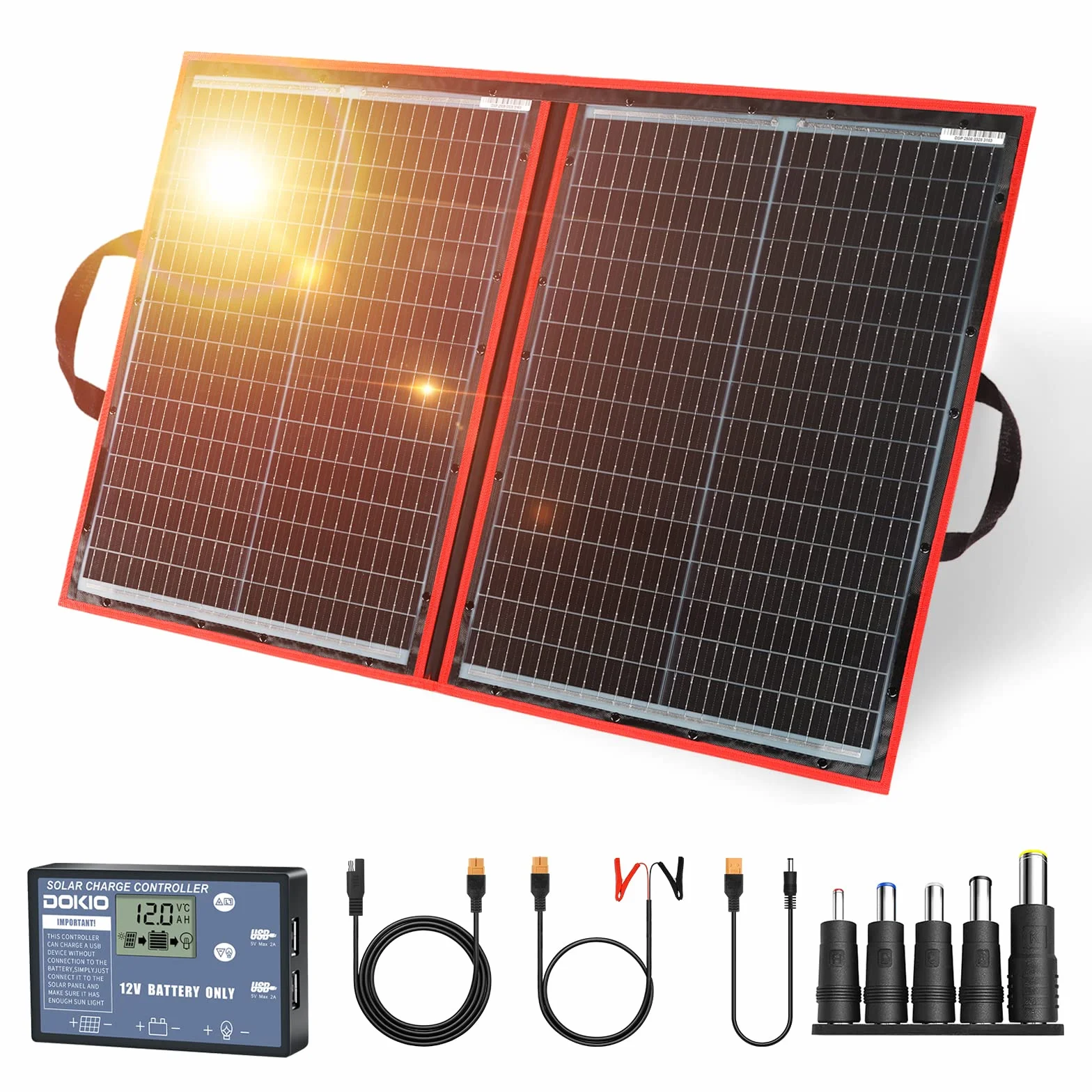 DOKIO 110 W 18 V składane moduły solarne, monokrystaliczne z regulatorem solarnym (wyświetlacz LCD + 2 wyjście USB) do baterii 12 V, AGM, do akumulatora żelowego, kwasowego, generatorów