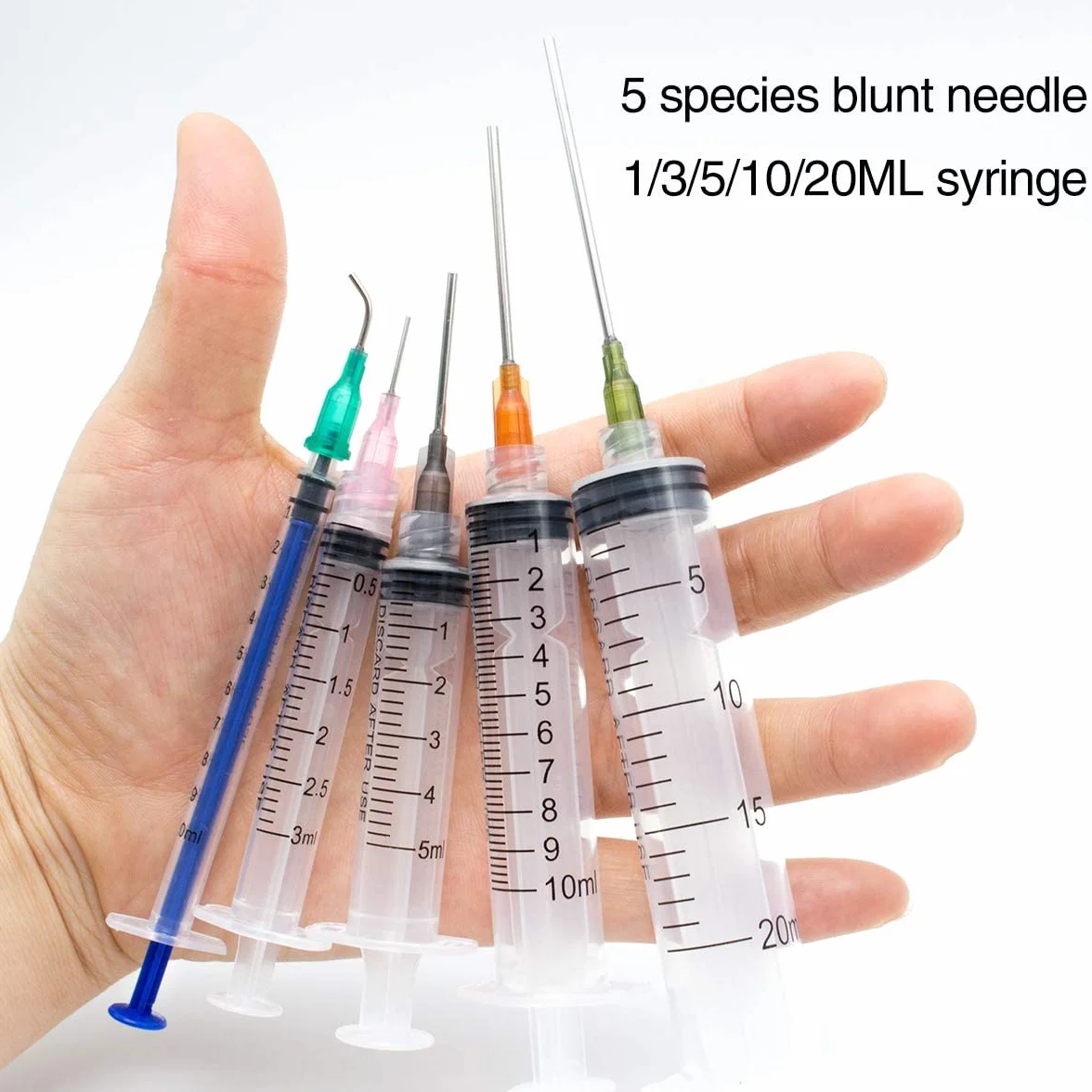 Zestaw tępych strzykawek 1ml, 3ml, 5ml, 10ml, 20ml z tępymi igłami 14g, 15g, 16g, 18g, 20g i nasadkami do strzykawek, Do przemysłowych klejów rzemieślniczych (20 szt.)