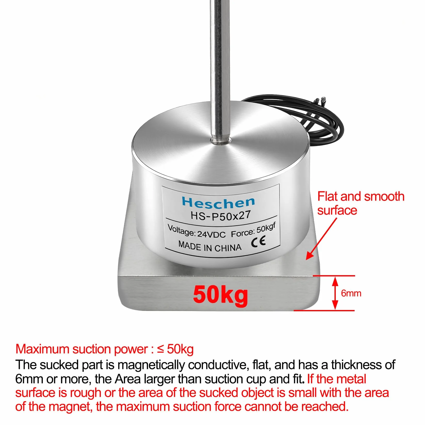 Heschen Elektromagnes elektromagnetyczny, srebrny, okrągły, DC 24 V, 50 kg/110 lb, średnica zewnętrzna 50 mm, rozmiar gwintu M4, długość kabla 23 cm
